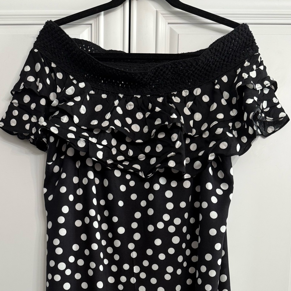 Coco Bianco Large Black/White Polka Dot Off the Shoulder Double Ruffle Dress - Picture 4 of 12